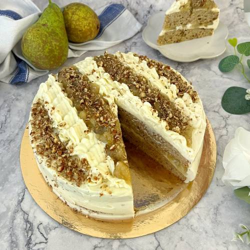 pastel de pera, vainilla y nueces pecanas sin gluten y sin azúcar